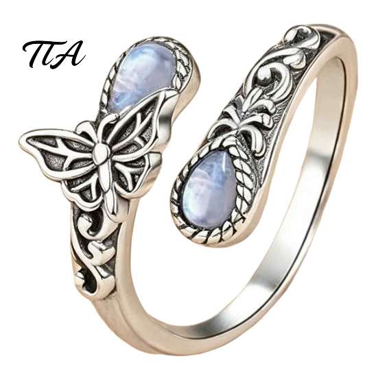 Retro Fingerring Vintage Faux Mondstein Ring, Wassertropfen Falscher Edelstein Verstellbar Offen Damen Heilstein Band Schmuck für Paar, Damen Party Wear F gray