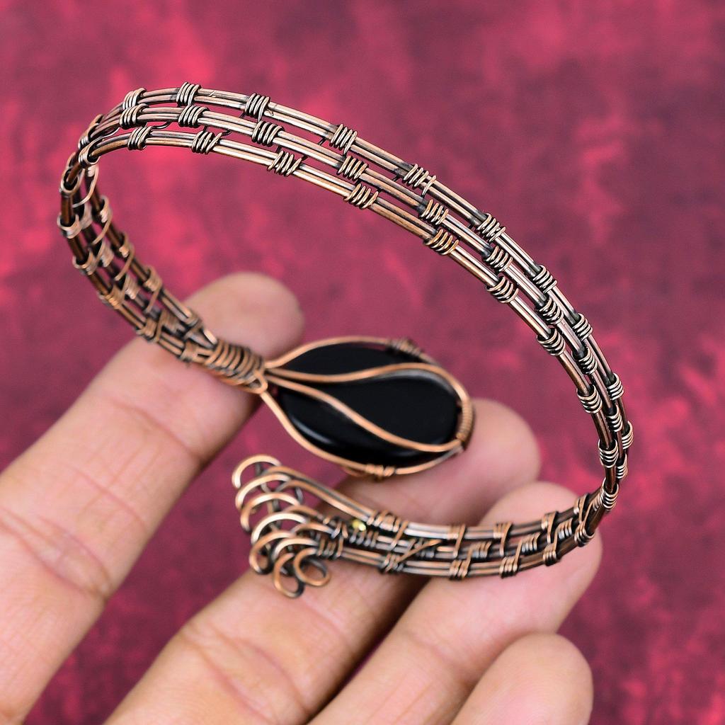 Black onyx bangle copper wire wrapped adjustable cuff bracelet copper jewelry handmade gemstone bangle wire wrapped jewelry engagement gifts