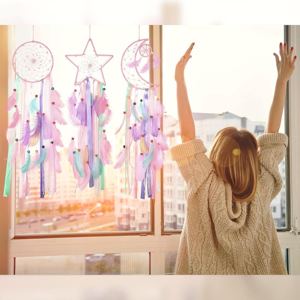 Jetec 3 Pcs Dream Catcher Moon Sun Star Design Handmade Traditional Design Craft Ornament Wall Art Hanging Home Decoration Bedroom Wedding(Pastel Colo