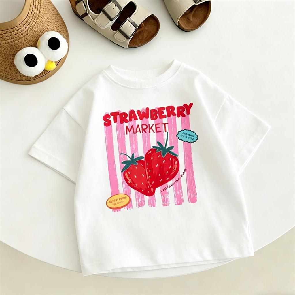 White T Shirt Strawberry Print Tees Round Neck Bottoming Shirt Summer Pure Polyester Clothes Toddler New Loose Casual Sports Tees