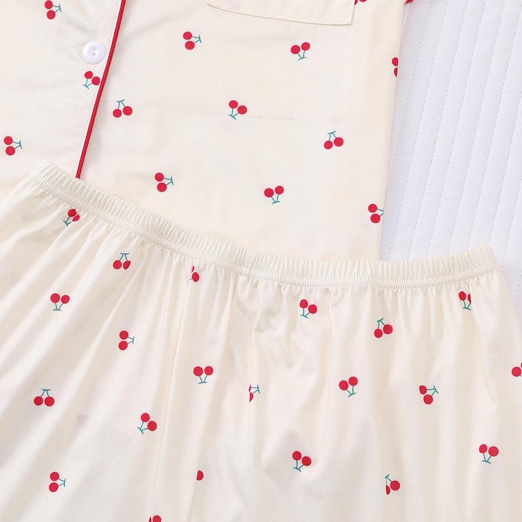 Cherry Print Women's Pajama Set - Short Sleeve & Shorts, European & American Style Home Wear
