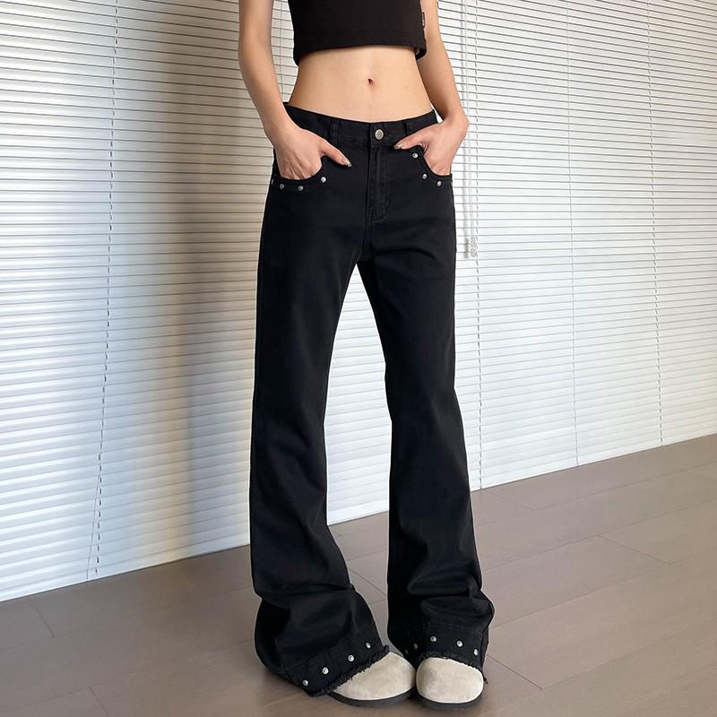 

Unisex Retro Rivet Frayed Flare Jeans - Casual High Street Loose Fit Large
