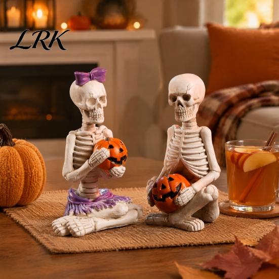 Funny Skeleton Gifts 2Pcs/Set Couple Statues, with Pumpkin Figurines, Men Creative Holiday Centerpieces Women Ornaments for Halloween Table