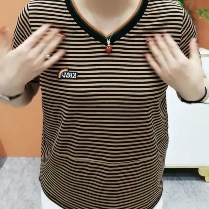 

Summer Woman Vintage Striped Short Sleeve T-shirts Fashion Casual New Versatile V-Neck Thin Loose Tops XL коричневий