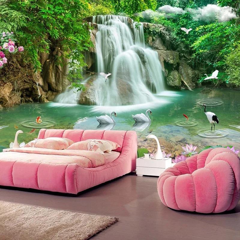 Waterfall Wallpaper River White Swan Photo Mural Green Tree Nature Pastoral Landscape Mural Wallpaper For Walls 3d