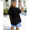DX~Women's Cotton Linen Shirt Short Sleeved Henry Shirt Button Up V-neck Casual Work Top with Two Pockets