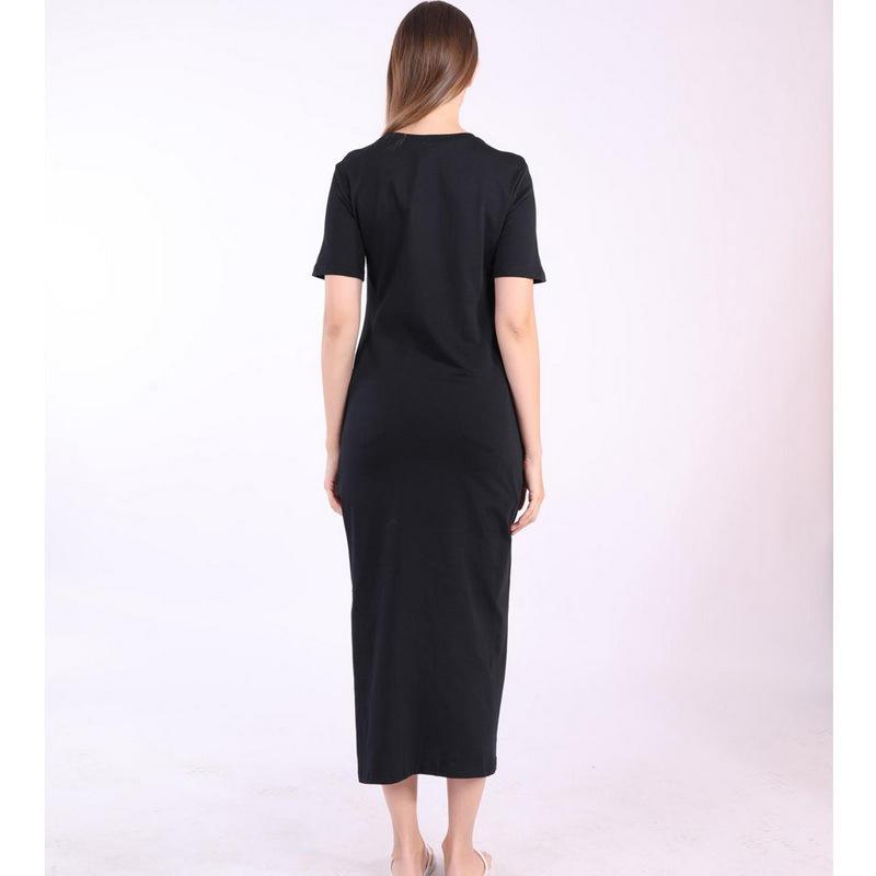 European and American fashion street photography personalized women's round neck high slit long loose T-shirt A-line dress