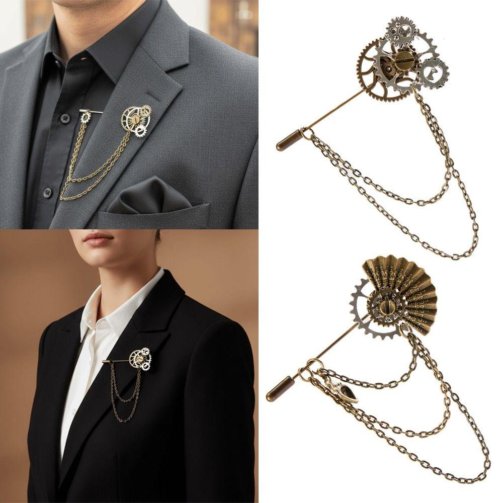 Metal Chain Steampunk Gear Lapel Pin Gothic Collar Pin Vintage Brooches  Shirt Decoration