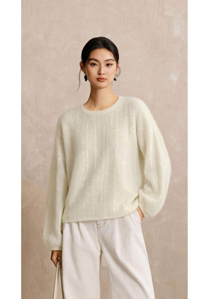 Women's Gray Sequin Stripe Round Neck Loose Knit Sweater - Autumn/Winter Style