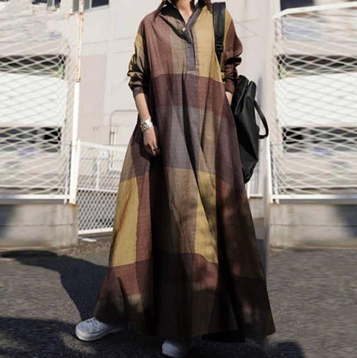 Spring Retro Ethnic Print Cotton Linen Maxi Dress - Long Sleeve, Loose Fit