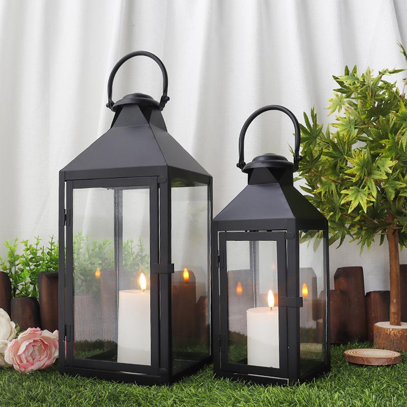 Set aus 2 Vintage Metall Schwarz Kerzenhalter mit gehärtetem Glas für Veranstaltungen Hochzeit