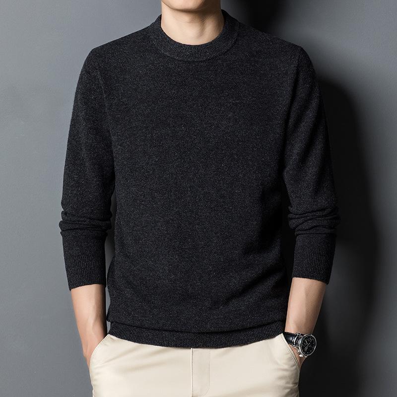 Men's 2025 Autumn/Winter Pure Wool Round Neck Sweater - Solid Color Knit