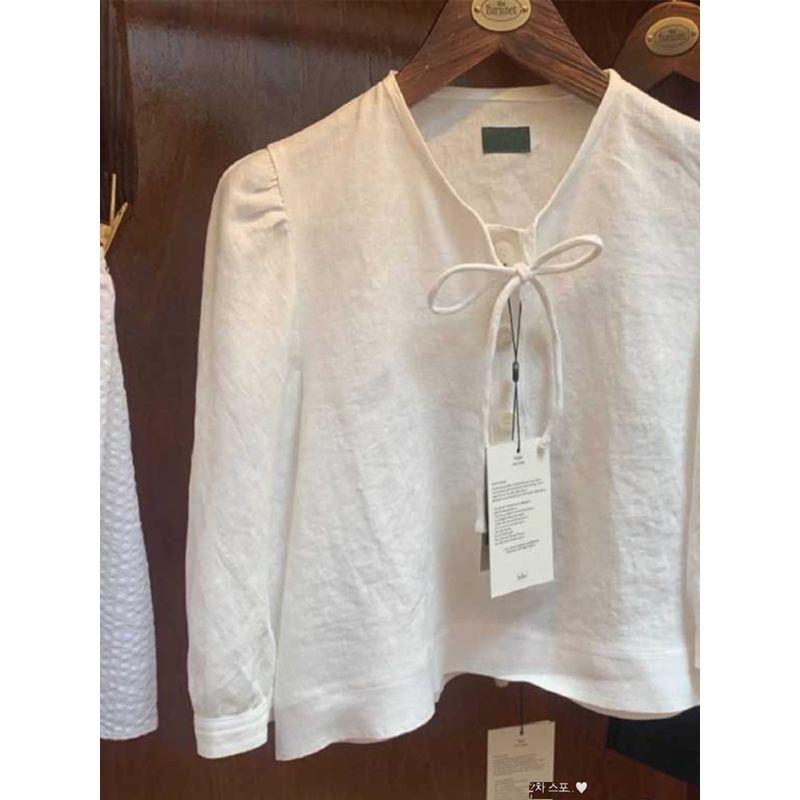 

Eight Milk Ins Summer Shoelace Half Sleeve Cotton and Linen Shirt White One size