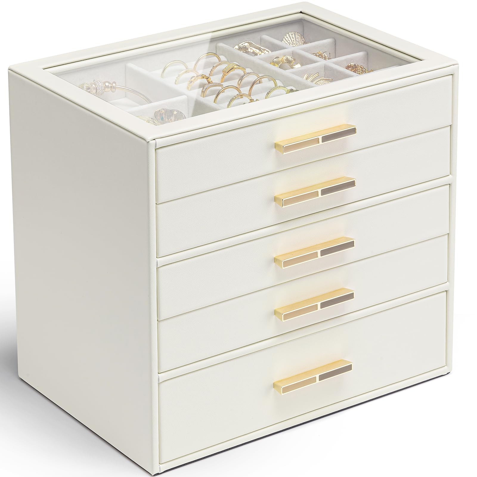 

Vlando Glass Lid 5-Drawer Jewelry Box for Women, Organizer for Necklaces, Rings, Earrings, Bracelets, and Accessories (White)