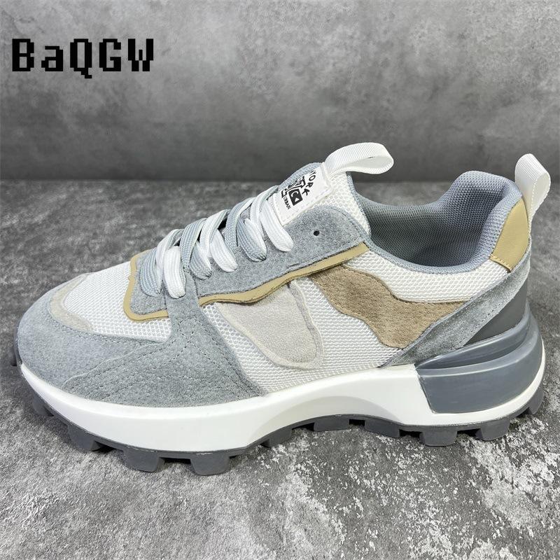Color Block Fashion Chunky Sneaker Men Running Shoes Casual Leather Fabric Breathable Height Increased Platform Sport Shoes