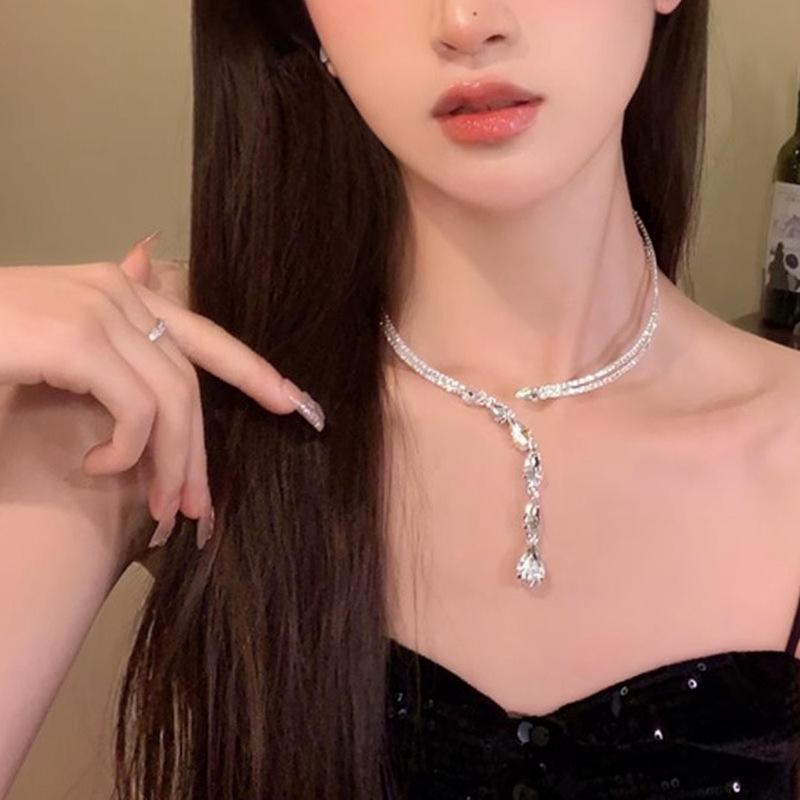 Elegant Zircon Water Drop Tassel Necklace - Double Layer High-End Clavicle Chain with a Unique, Luxurious Design