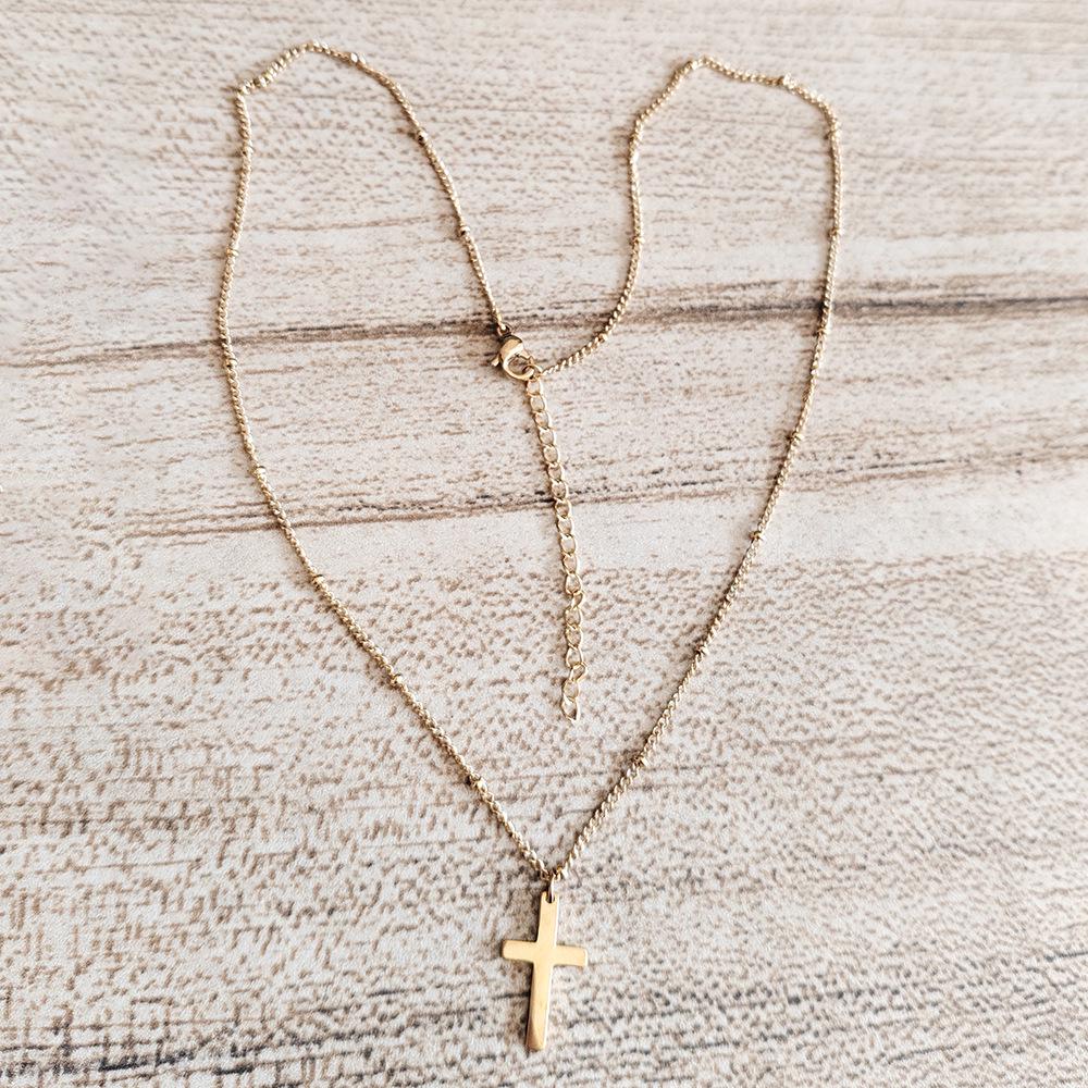 14K Gold Plated Stainless Steel Cross Necklace for Women - Beaded Chain, Simple & Elegant Design