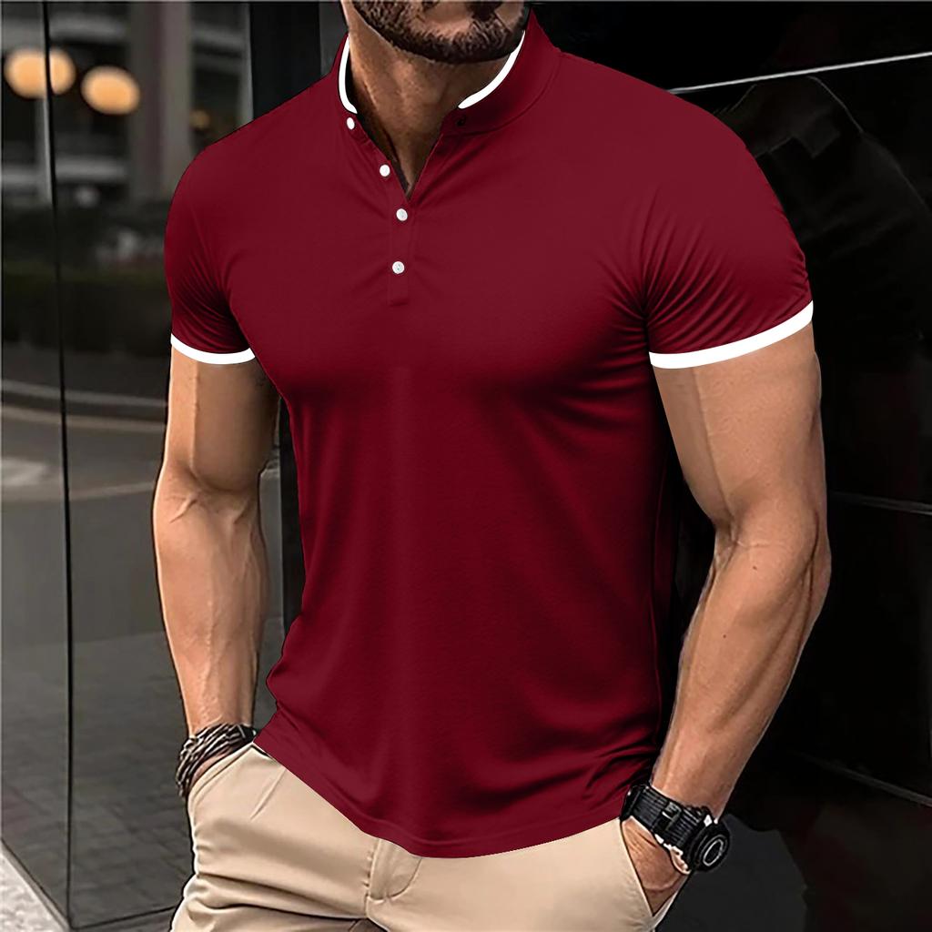 Men's Casual and Fashionable Solid Color Short Sleeved Stand Up Collar T-shirt Summer Versatile and Comfortable Top