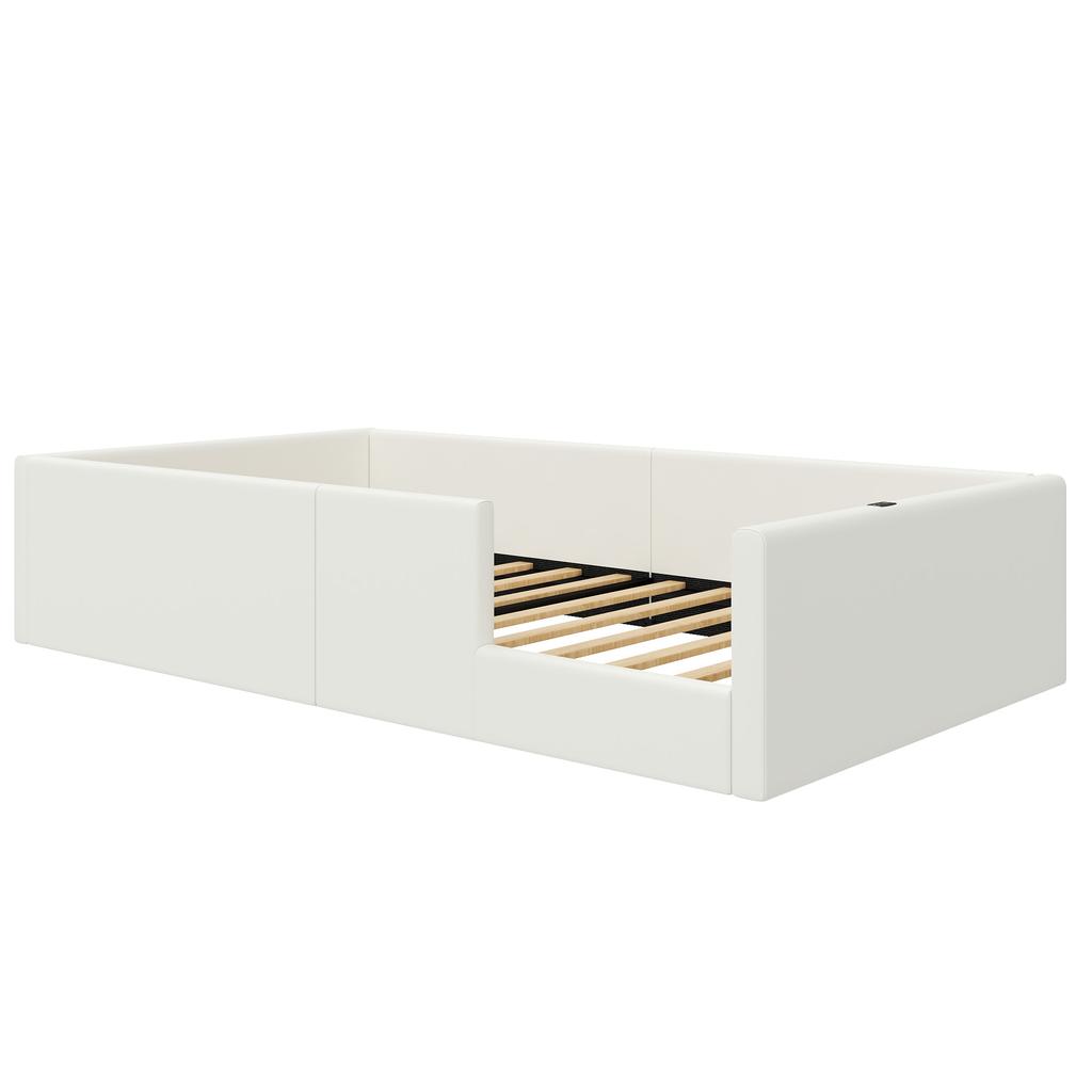 90x200 Polsterbett mit Plattform, Schutzgitter und Ladestation, Weiß