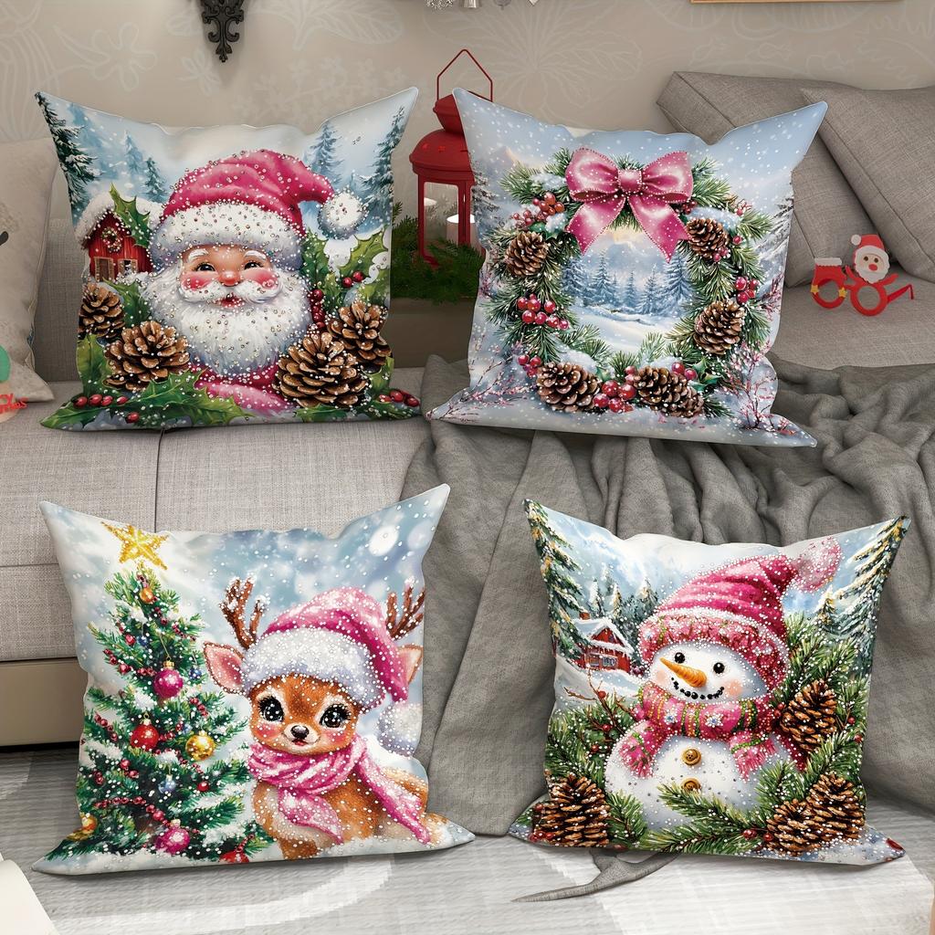 Cute Santa Claus Snowman Garland Pillowcase Christmas and New Year Gift Suitable for Home Room Living Room Sofa Cushion Cover