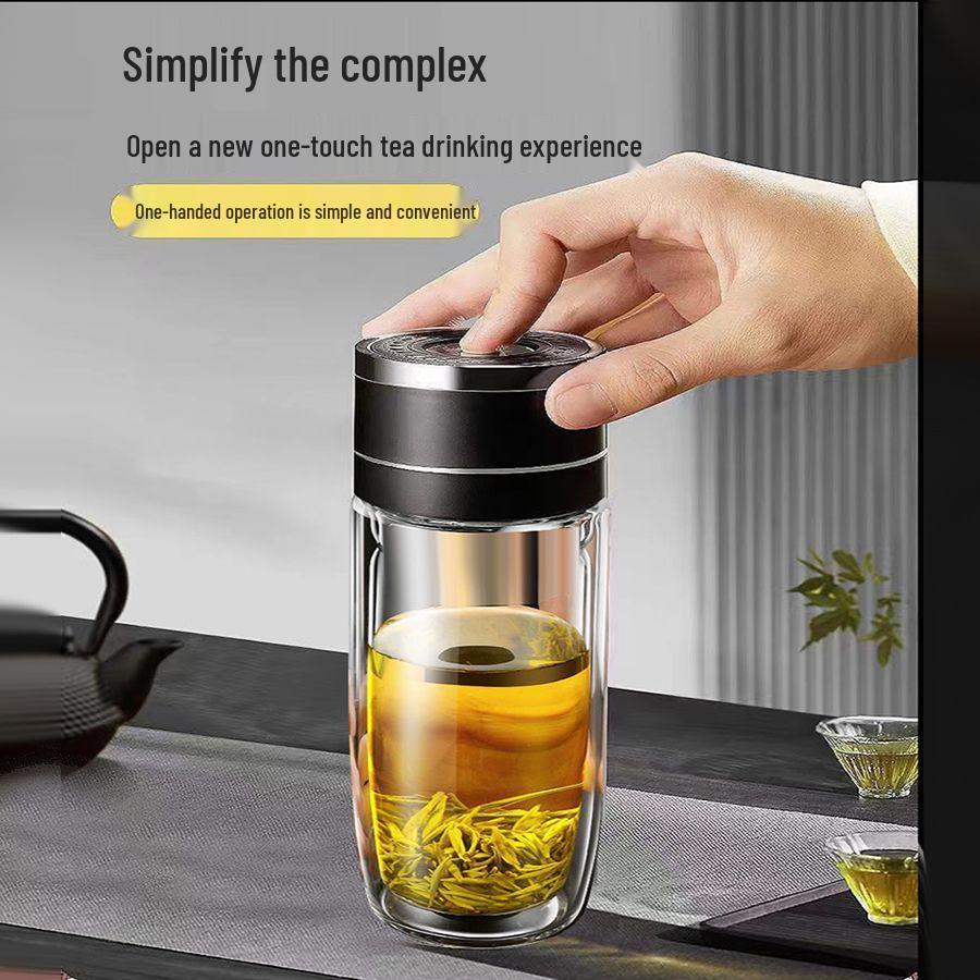 One-Touch Open Goose Egg Double-Layer Glass Cup: Anti-Scalding, High Borosilicate, Quick-Open Tea/Water Separation Cup