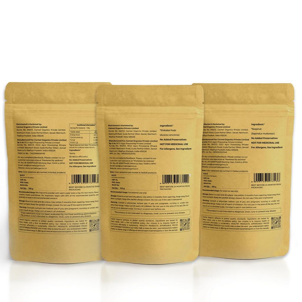 CARMEL ORGANICS Amla, Shikakai i Orzechy Myjące/Reetha Zestaw 100g Każdy