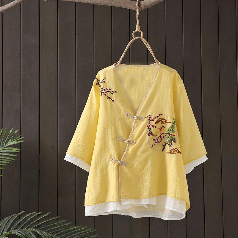 Embroidered V-Neck Chinese Style Buttoned Cardigan Dress – Women's Retro Five-Point Sleeve