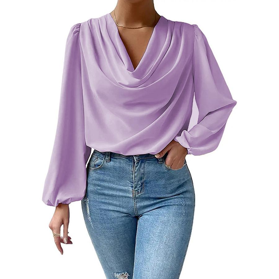 Chiffon Long Sleeve Shirt Loose Ruched V-Neck Top Women's T-Shirt