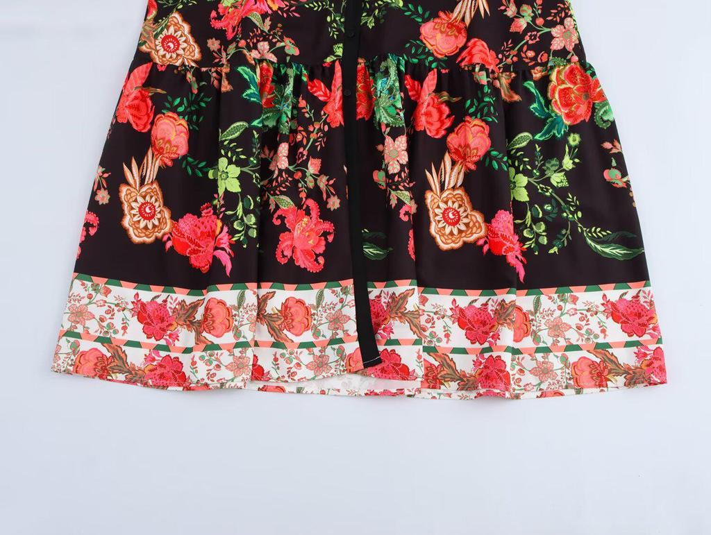 2025 Spring Women's Casual European & American Style Print Tie-Waist Long Dress