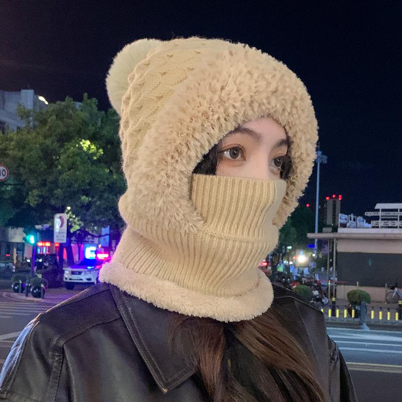 New Autumn and Winter Hats for Women Knitted Wool Scarf Integrated Hats for Winter Warm Plus Velvet Head Hats for Cold Protection Ear Protection Hats