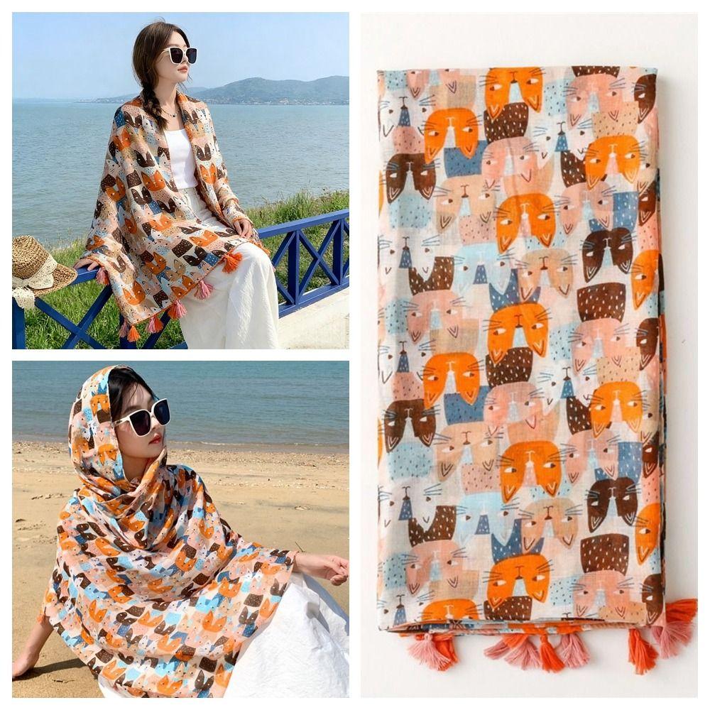 Long Printed Silk Scarf Large Animal Print Scarves All-match Cat Pattern Tassel Scarf  Vacation