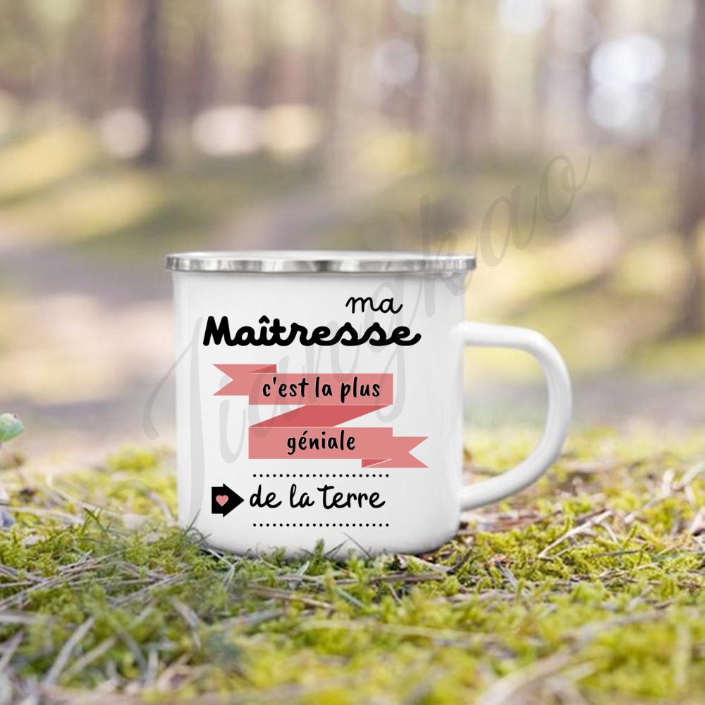 Merci Maitresse French Printed Mug Creative Coffee Cup Drinks Enamel Cup Handle Drinkware Teacher's Day Thanks Gift for Teacher