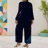 Women Plus Size Red Blue White Printed Two Piece Set Round Neck Long Sleeve Layered Top Wide Leg Cropped Pants