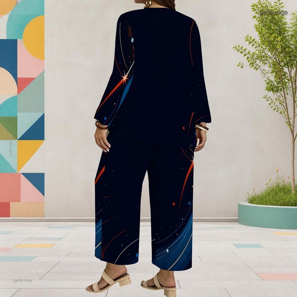 Women Plus Size Red Blue White Printed Two Piece Set Round Neck Long Sleeve Layered Top Wide Leg Cropped Pants