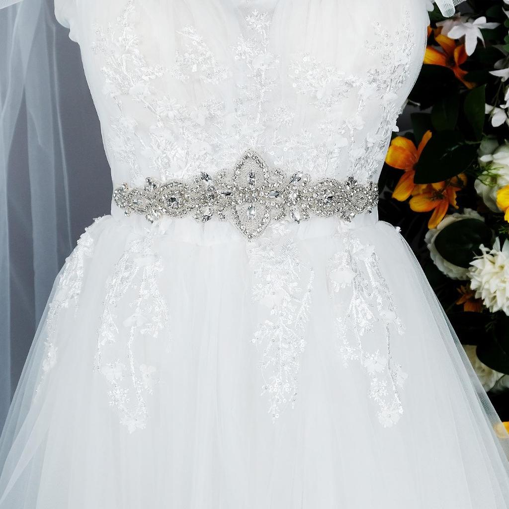 Handmade Rhinestone and Pearl Bridal Waistband with Satin Ribbon