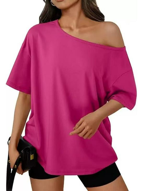 

2025 European & American One-shoulder Loose Summer Solid T-shirt L рожевий червоний колір