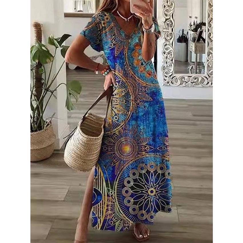Fashion V Neck Split Loose Beach Dress Retro Pattern Print Women Long Dress Summer Elegant Short Sleeve Maxi Dress