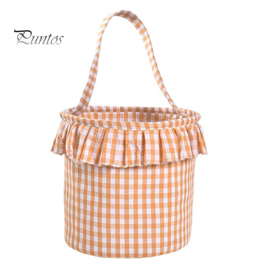 Easter Egg Hunt Carriers Halloween Basket, Plaid Ruffle Trick or Treat Candy Bucket with Handle Celebration Accessories for Kids, Reusable Gingham