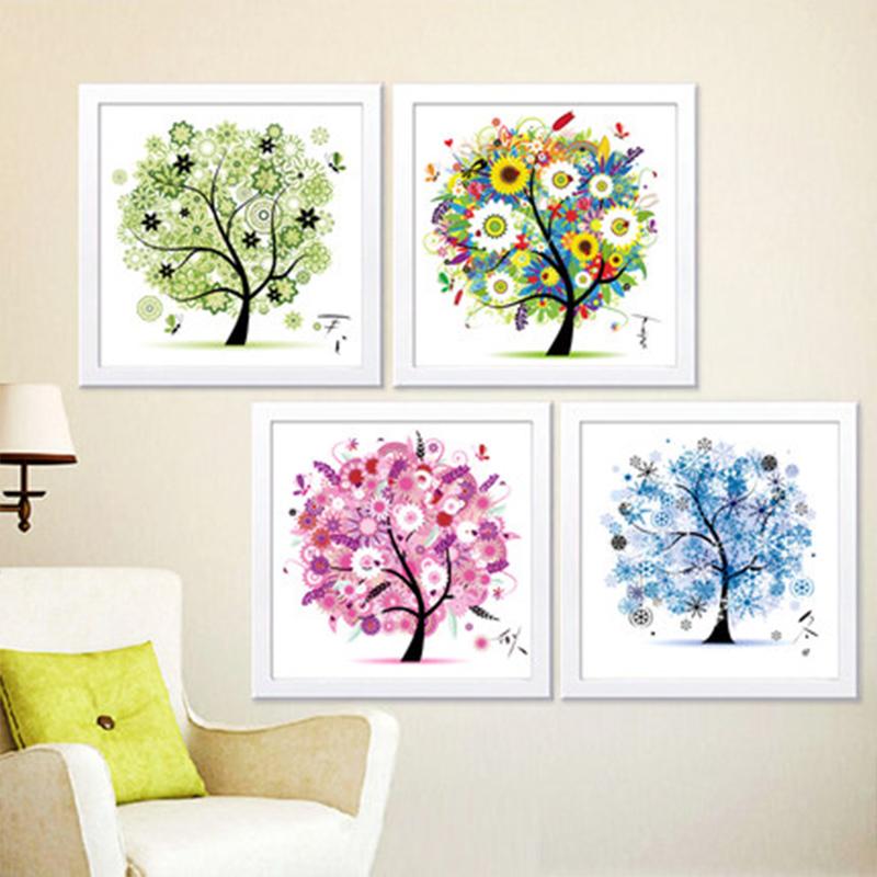 Blumenbaum Muster 4 Jahreszeiten DIY 5D Mosaik Runde Kristall Kreuzstich Diamantstickerei Kits, Packung mit 4 Heimdekoration