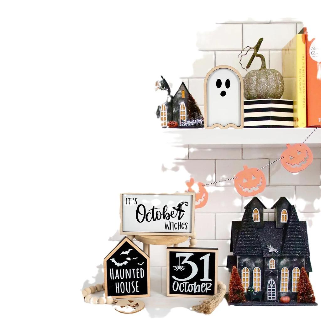 New 6Pcs Halloween Tiered Tray Decor Set Cute Wooden Black Orange Tray Wooden Sign Ghost Wooden Halloween Theme Party Home Decor