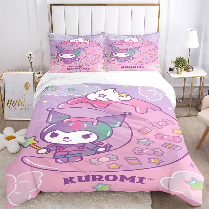 3pcs Sanrio Kuromi's Magical Journey Print Bedding Set (1 Cover + 2 Pillowcases, Without Inserts), This Printed Bedding Set is Soft and Comf