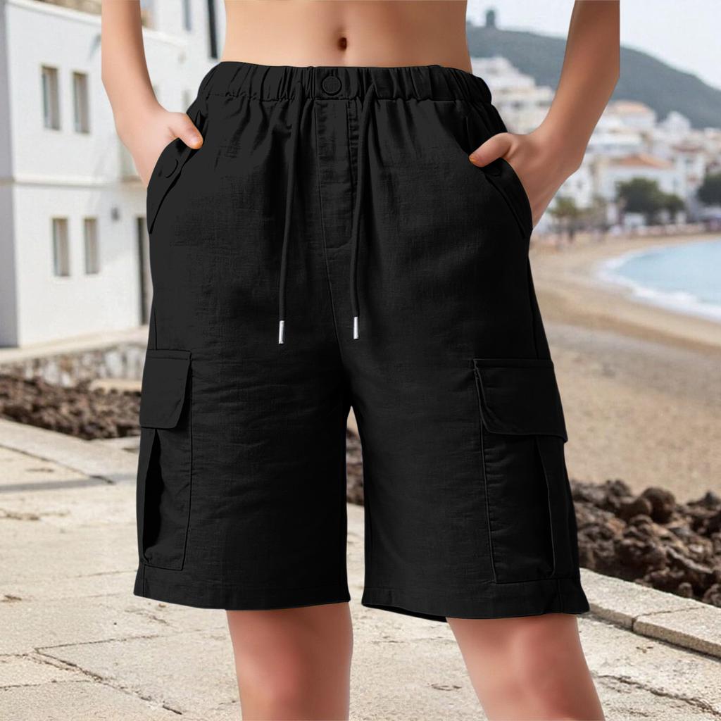 Women's Color Cotton And Linen Loose Casual Shorts With Pockets, Cropped Pants, Work Pants