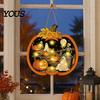 Ghost Skeleton Window Display Halloween Wooden Pumpkin Sign, LED Light Up Hanging Rustic Pendant Wall Sign for Indoor Outdoor Holiday Party Decor