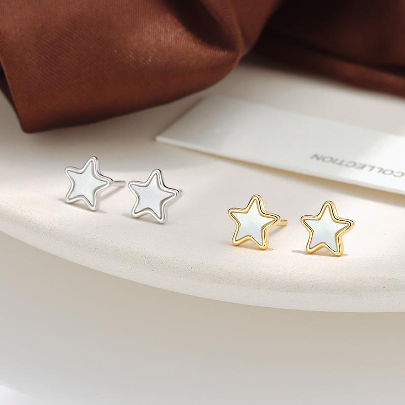 925 Sterling Silver Simple White Shell Star Stud Earrings for Women Birthday Party Fashion Fine Jewelry