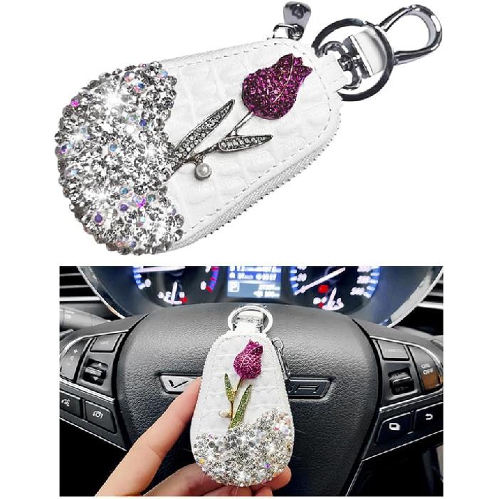 Mandark Bling Car Key Case,  Leather Crystal Rhinestone Vehicle Key Fob Protector, Automotive Smart Keychain Holder for Remote Key Fob, Universal