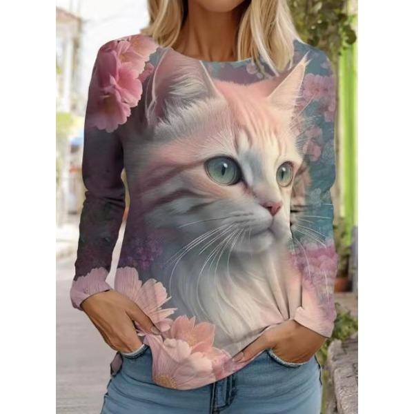 Camisetas de Mujer de Manga Larga Casuales de Moda con Cuello Redondo y Estampado de Gato Lindo con Impresión 3D para Primavera y Otoño