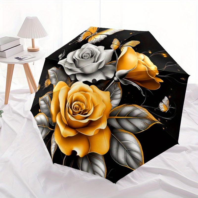 1pc Automatic Open/Close Umbrella - Elegant Golden Roses & Butterflies Floral pattern, Black Background with Golden Roses - Co