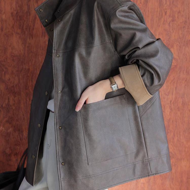 Women's Single-Breasted Reversible Leather Jacket In Coffee - Loose Fit, Casual Top for Early Spring 2025