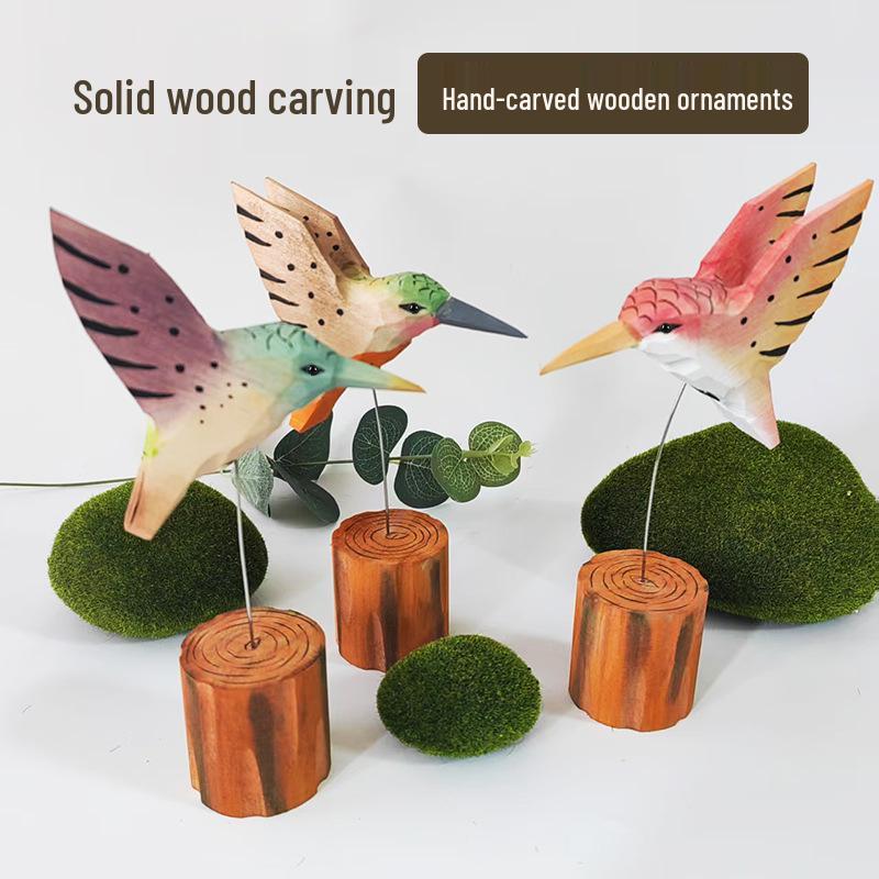 European Style Solid Wood Tabletop Ornament - Hummingbird Handmade Wood Carving Decor