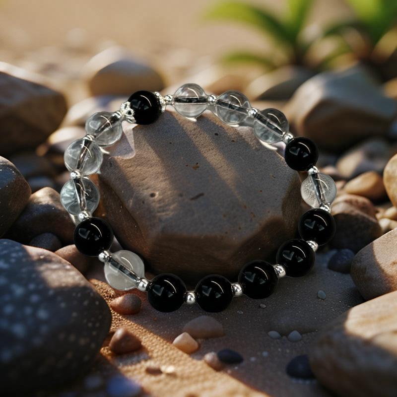 Black and white natural obsidian and white crystal bracelet, new simple design9Silver gift bracelet